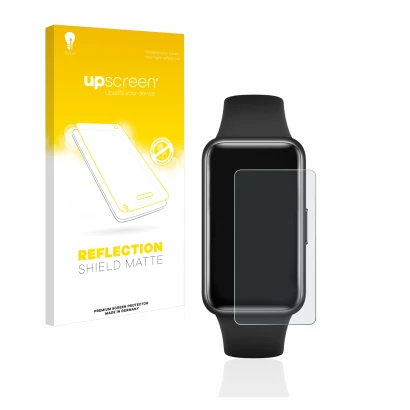 Face avant d’un emballage produit avec le logo de la marque upscreen. À côté, l’appareil Huawei Band 7 est représenté avec la