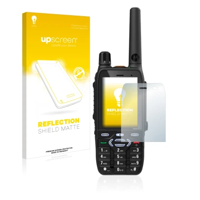 Face avant d’un emballage produit avec le logo de la marque upscreen. À côté, l’appareil Motorola MXP600 est représenté avec l