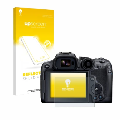 Face avant d’un emballage produit avec le logo de la marque upscreen. À côté, l’appareil Canon EOS R7 est représenté avec la p