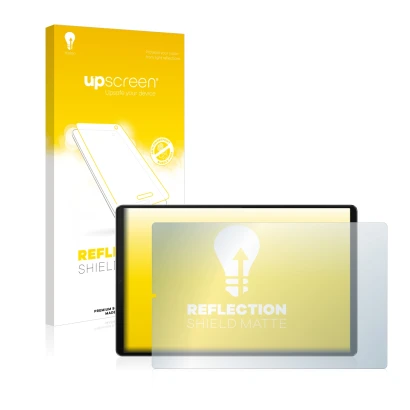 Face avant d’un emballage produit avec le logo de la marque upscreen. À côté, l’appareil Lenovo Tab M10 FHD Plus (2e Gen.) est