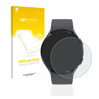 Face avant d’un emballage produit avec le logo de la marque upscreen. À côté, l’appareil Samsung Galaxy Watch 5 (44mm) est rep
