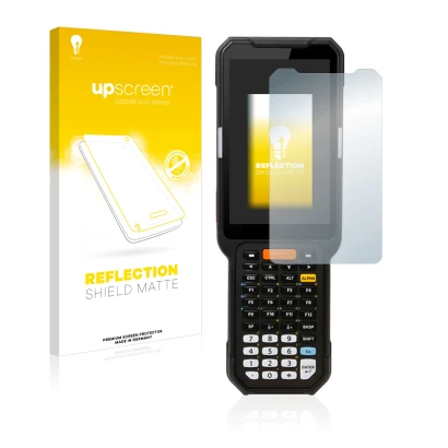Face avant d’un emballage produit avec le logo de la marque upscreen. À côté, l’appareil Point Mobile PM451 est représenté ave