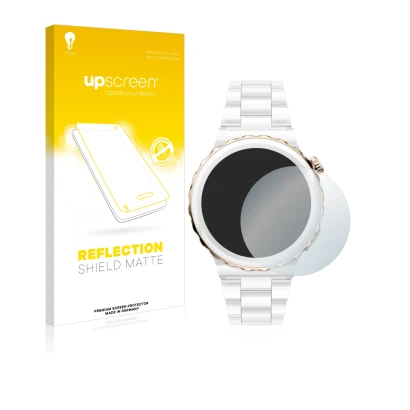 Face avant d’un emballage produit avec le logo de la marque upscreen. À côté, l’appareil Huawei Watch GT 3 Pro Ceramic (43mm)