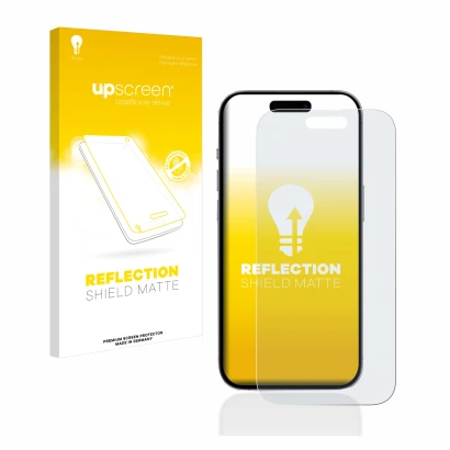 Face avant d’un emballage produit avec le logo de la marque upscreen. À côté, l’appareil Apple iPhone 14 Pro est représenté av