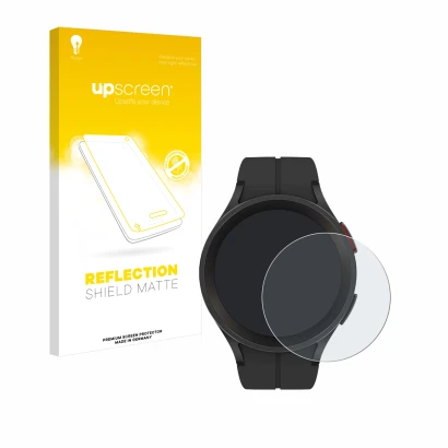 Face avant d’un emballage produit avec le logo de la marque upscreen. À côté, l’appareil Samsung Galaxy Watch 5 Pro est représ
