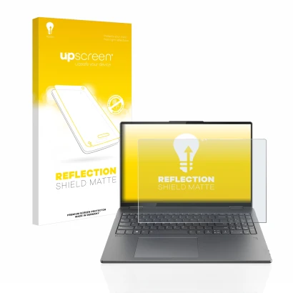 Face avant d’un emballage produit avec le logo de la marque upscreen. À côté, l’appareil Lenovo Yoga 7i Gen 7 16" est représen