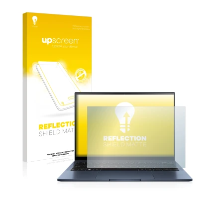 Face avant d’un emballage produit avec le logo de la marque upscreen. À côté, l’appareil ASUS ZenBook S13 OLED est représenté