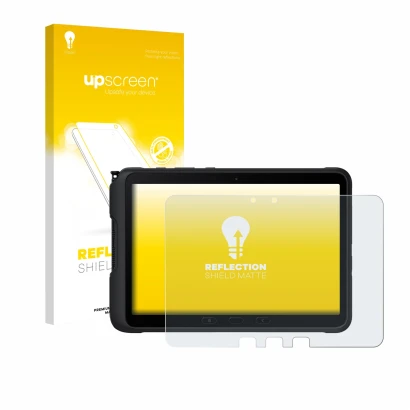 Face avant d’un emballage produit avec le logo de la marque upscreen. À côté, l’appareil Samsung Galaxy Tab Active 4 Pro est r