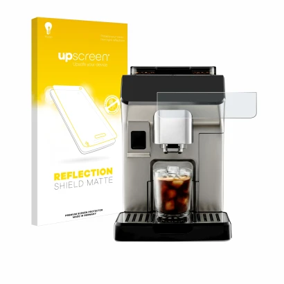 Face avant d’un emballage produit avec le logo de la marque upscreen. À côté, l’appareil DeLonghi Eletta Explore est représent