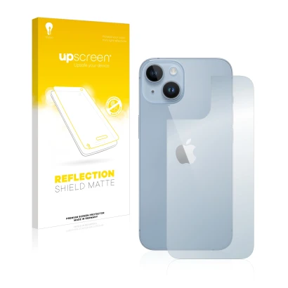 Face avant d’un emballage produit avec le logo de la marque upscreen. À côté, l’appareil Apple iPhone 14 (Arrière) est représe