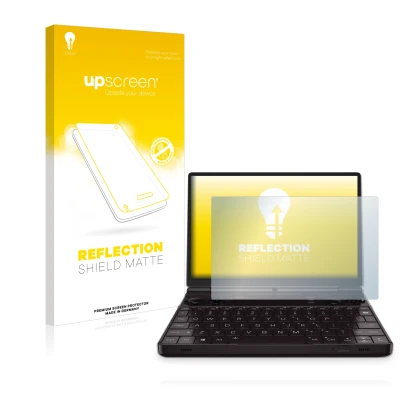 Face avant d’un emballage produit avec le logo de la marque upscreen. À côté, l’appareil GPD Win Max 2 est représenté avec la 