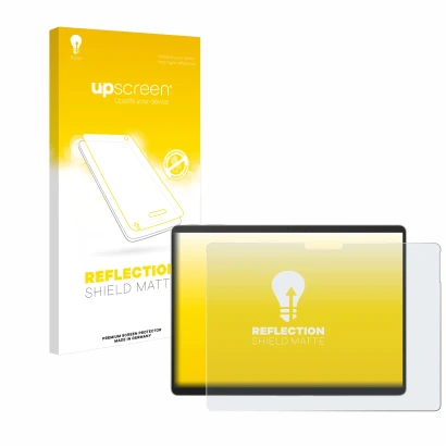 Face avant d’un emballage produit avec le logo de la marque upscreen. À côté, l’appareil Microsoft Surface Pro 9 est représent