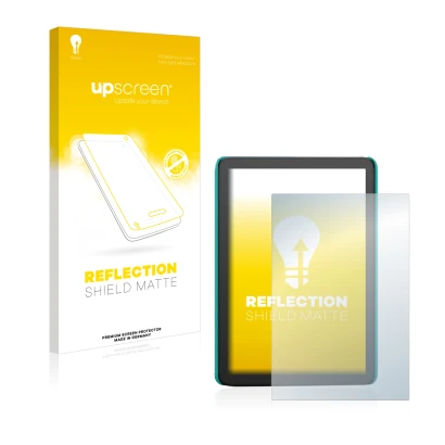 Face avant d’un emballage produit avec le logo de la marque upscreen. À côté, l’appareil Amazon Kindle Kids (2022) est représe