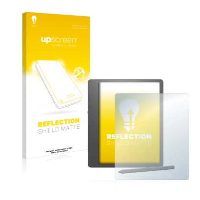 Face avant d’un emballage produit avec le logo de la marque upscreen. À côté, l’appareil Amazon Kindle Scribe est représenté a