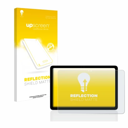 Face avant d’un emballage produit avec le logo de la marque upscreen. À côté, l’appareil Google Pixel Tablet est représenté av