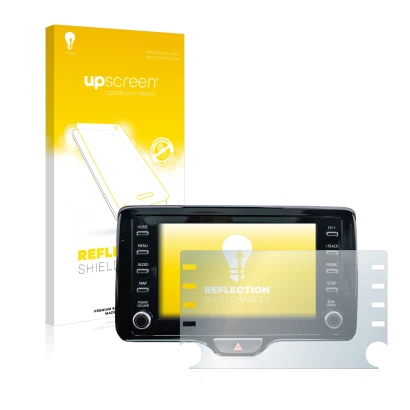 Face avant d’un emballage produit avec le logo de la marque upscreen. À côté, l’appareil Toyota Yaris Cross 8" est représenté