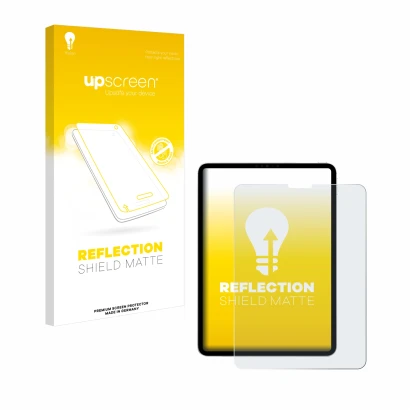 Face avant d’un emballage produit avec le logo de la marque upscreen. À côté, l’appareil Apple iPad Pro 11" 2022 (4ème Gen.) e