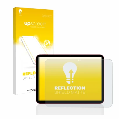 Face avant d’un emballage produit avec le logo de la marque upscreen. À côté, l’appareil Apple iPad 10.9