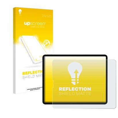 Face avant d’un emballage produit avec le logo de la marque upscreen. À côté, l’appareil Apple iPad Pro 12.9" 2022 (en paysage