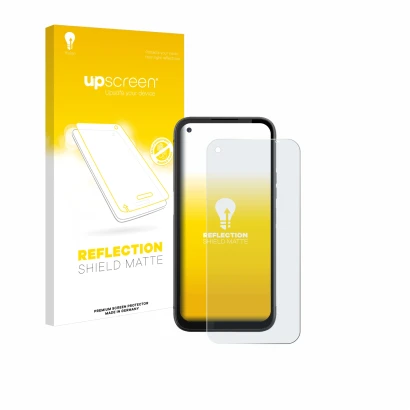 Face avant d’un emballage produit avec le logo de la marque upscreen. À côté, l’appareil Gigaset GX6 est représenté avec la pr