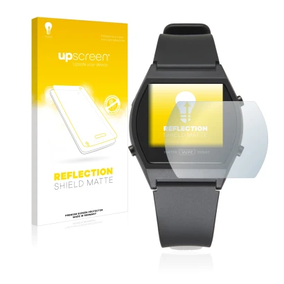 Face avant d’un emballage produit avec le logo de la marque upscreen. À côté, l’appareil Casio LW-204-1BEF est représenté avec