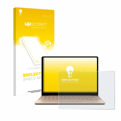 Face avant d’un emballage produit avec le logo de la marque upscreen. À côté, l’appareil Microsoft Surface Laptop Go 2 Busines