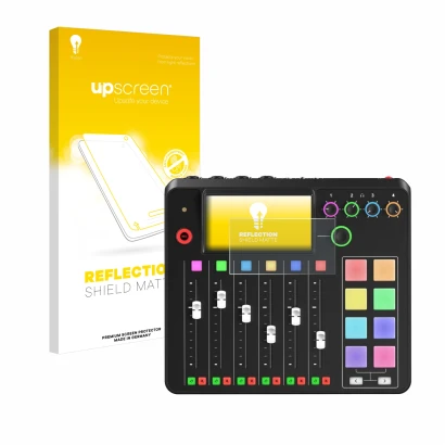 Face avant d’un emballage produit avec le logo de la marque upscreen. À côté, l’appareil Rode Rodecaster Pro II est représenté