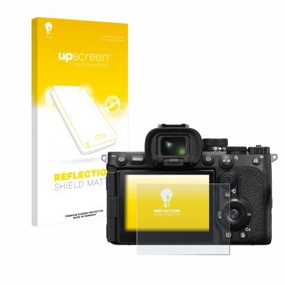 Face avant d’un emballage produit avec le logo de la marque upscreen. À côté, l’appareil Sony Alpha 7R V est représenté avec l