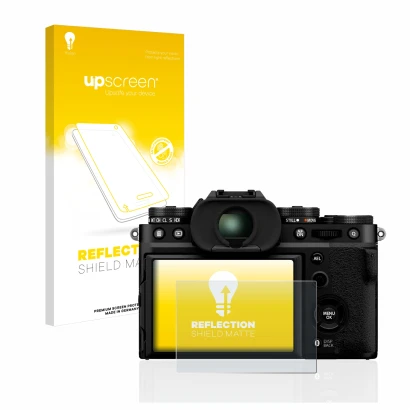 Face avant d’un emballage produit avec le logo de la marque upscreen. À côté, l’appareil Fujifilm X-T5 est représenté avec la