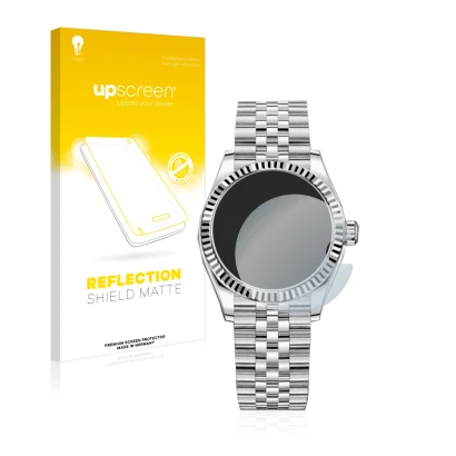 Face avant d’un emballage produit avec le logo de la marque upscreen. À côté, l’appareil Rolex Datejust 31 est représenté avec