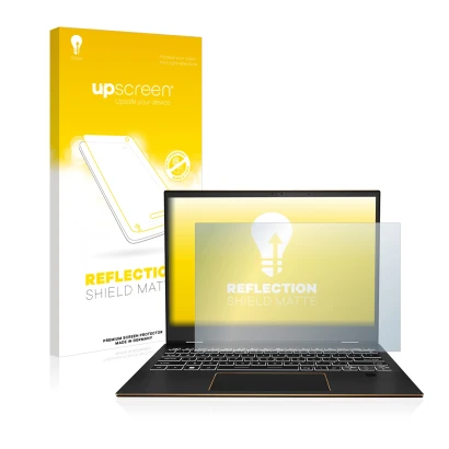 Face avant d’un emballage produit avec le logo de la marque upscreen. À côté, l’appareil MSI Summit E13 Flip Evo est représent