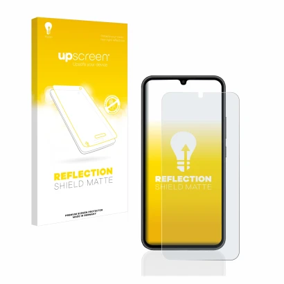 Face avant d’un emballage produit avec le logo de la marque upscreen. À côté, l’appareil Samsung Galaxy A34 5G est représenté 