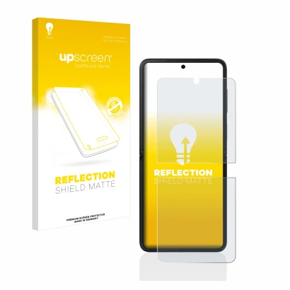Face avant d’un emballage produit avec le logo de la marque upscreen. À côté, l’appareil Oppo Find N2 Flip est représenté avec