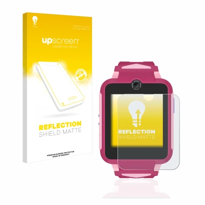 Face avant d’un emballage produit avec le logo de la marque upscreen. À côté, l’appareil TCL Movetime Family Watch MT42X est r