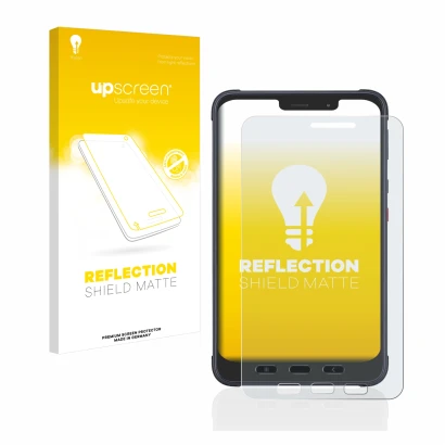 Face avant d’un emballage produit avec le logo de la marque upscreen. À côté, l’appareil Samsung Galaxy Tab Active 3 Enterpris