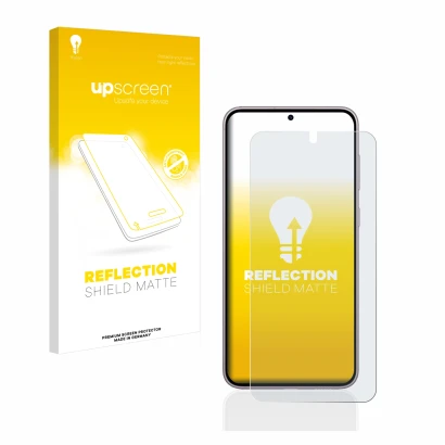 Face avant d’un emballage produit avec le logo de la marque upscreen. À côté, l’appareil Samsung Galaxy S23 Enterprise Edition