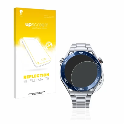 Face avant d’un emballage produit avec le logo de la marque upscreen. À côté, l’appareil Huawei Watch Ultimate (48.5 mm) est r