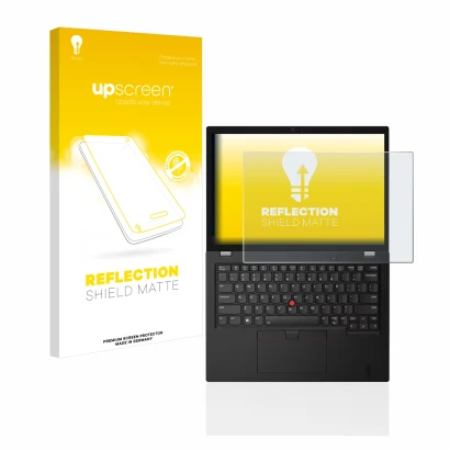 Face avant d’un emballage produit avec le logo de la marque upscreen. À côté, l’appareil Lenovo Thinkpad L13 Gen 3 est représe