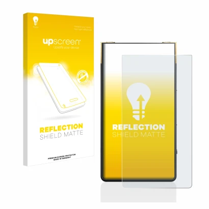 Face avant d’un emballage produit avec le logo de la marque upscreen. À côté, l’appareil Sony Walkman NW-ZX707 est représenté