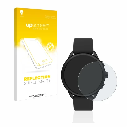 Face avant d’un emballage produit avec le logo de la marque upscreen. À côté, l’appareil Fossil Smartwatch Wellness (Gen 6) Hy