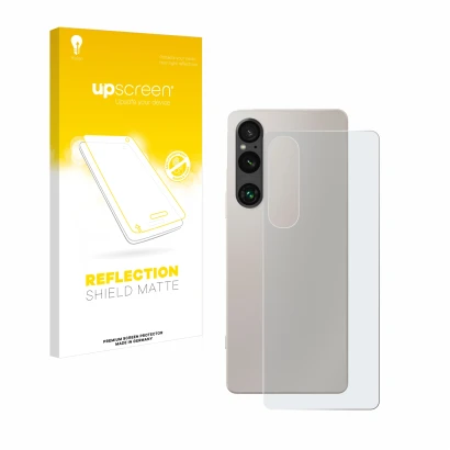 Face avant d’un emballage produit avec le logo de la marque upscreen. À côté, l’appareil Sony Xperia 1 V (Arrière) est représe