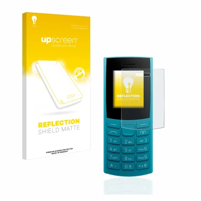 Face avant d’un emballage produit avec le logo de la marque upscreen. À côté, l’appareil Nokia 105 4G (2023) est représenté av