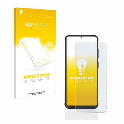 Face avant d’un emballage produit avec le logo de la marque upscreen. À côté, l’appareil Cubot X70 est représenté avec la prot