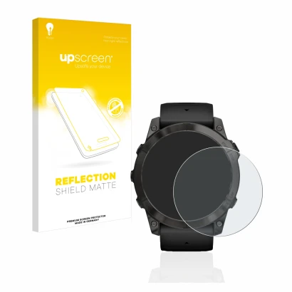 Face avant d’un emballage produit avec le logo de la marque upscreen. À côté, l’appareil Garmin Epix Pro (Gen 2) (51 mm) est r