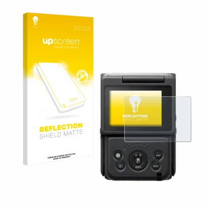 Face avant d’un emballage produit avec le logo de la marque upscreen. À côté, l’appareil Canon PowerShot V10 Vlog Camera est r