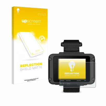Face avant d’un emballage produit avec le logo de la marque upscreen. À côté, l’appareil Garmin Foretrex 801 est représenté av