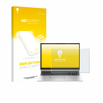 Face avant d’un emballage produit avec le logo de la marque upscreen. À côté, l’appareil HP EliteBook 860 G10 est représenté a