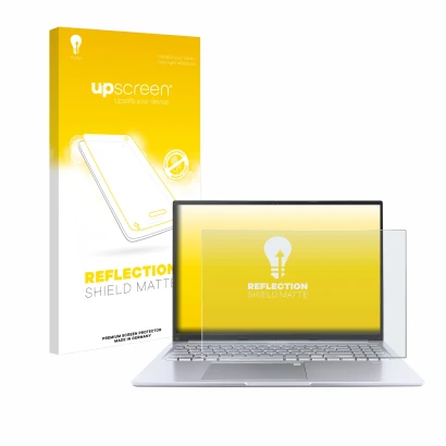Face avant d’un emballage produit avec le logo de la marque upscreen. À côté, l’appareil ASUS Vivobook 16 M1605 est représenté