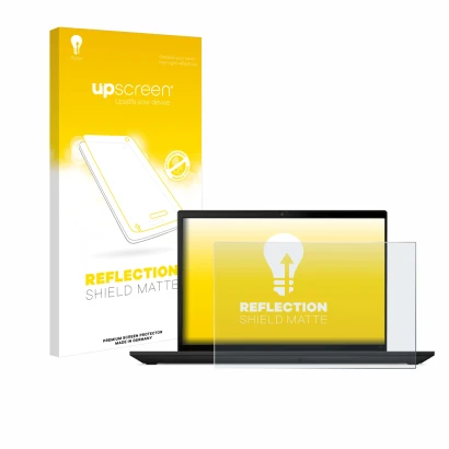 Face avant d’un emballage produit avec le logo de la marque upscreen. À côté, l’appareil Lenovo ThinkPad T16 Gen 2 est représe