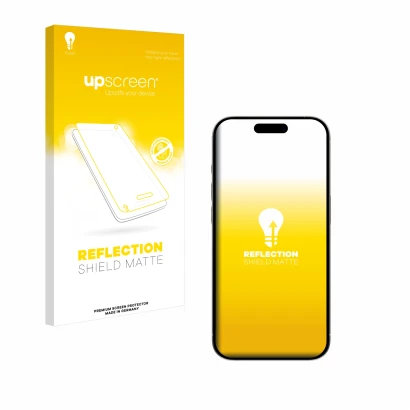 Face avant d’un emballage produit avec le logo de la marque upscreen. À côté, l’appareil Apple iPhone 15 est représenté avec l